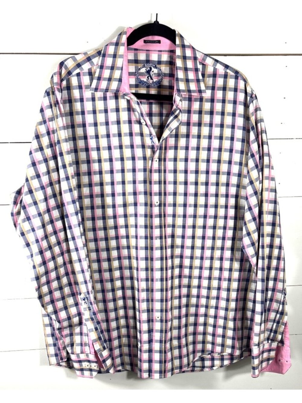 Bugatchi Mens Multicolor Gingham Check Long Sleeve Shirt Classic Fit 100% Cotton